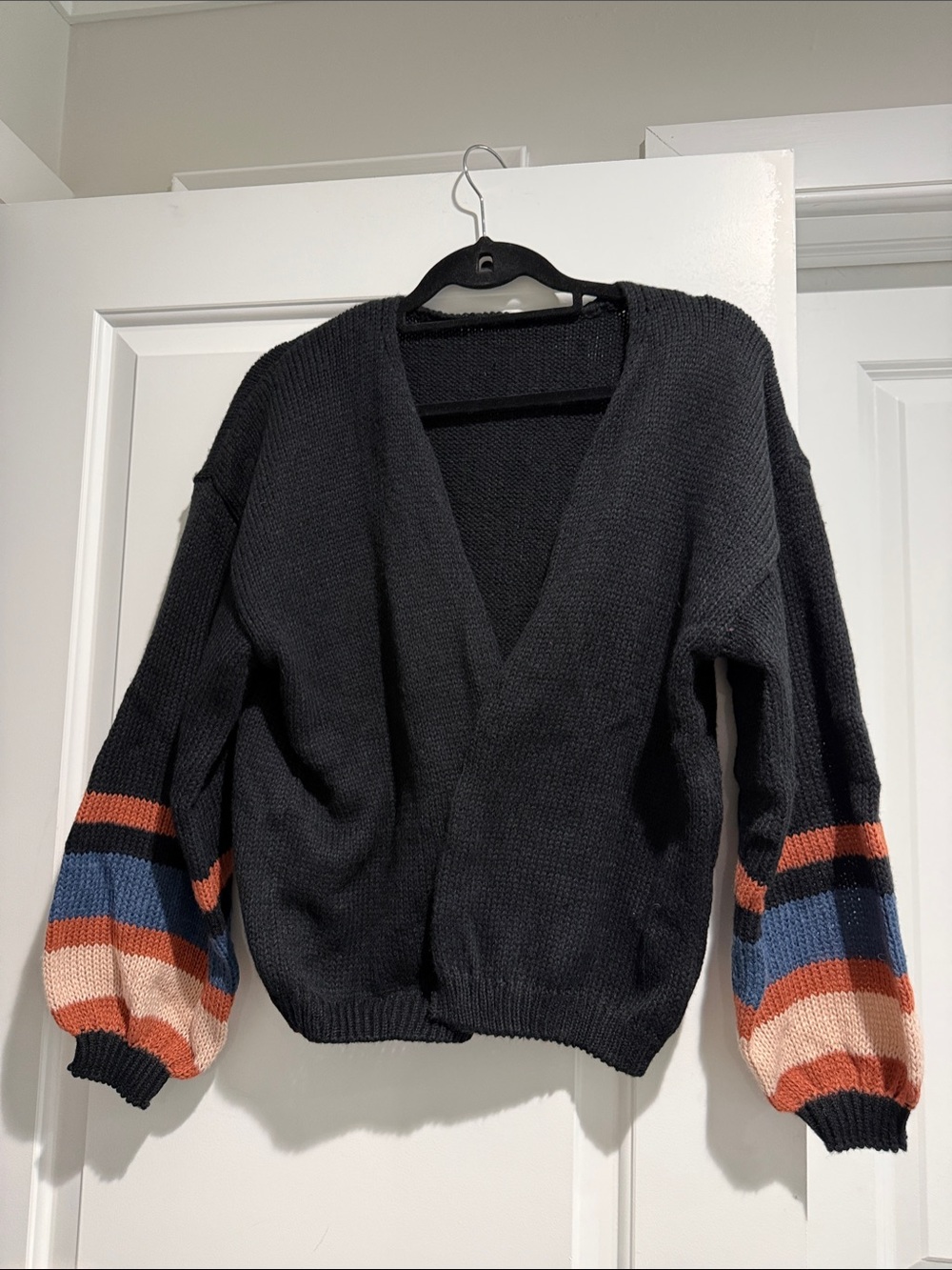 Brand New No Tags Black cardigan with Striped Balloon Sleeves
